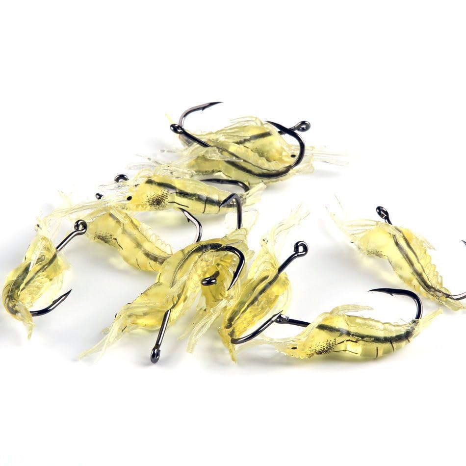 40PCS Fishing Shrimp Lures Artificial Silicone Soft Bait Set Luminous Swimbait Shrimp Fishing Lure with Hooks Fishing Tackle - color: Yellow(20pcs)