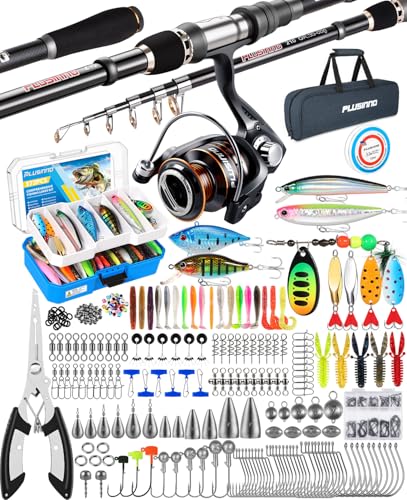 PLUSINNO Fishing Gear - Telescopic Fishing Rod and Reel Combo with Tackle Box, Collapsible Rod and Lures Box, Travel Fish Pole Starter Kit, Fishing Accessories Tackle Lure Kit Gifts for Men Bass Trout - color: Rod combo with 373pcs box, size: 1.8m 5.91ft