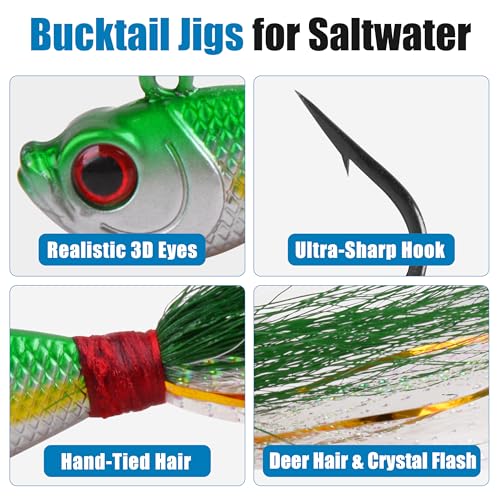 Bucktail Jigs Saltwater Fishing Lures, 5pcs Premium Bucktail Hair Jigs Head Saltwater Striper Lures for Bass Flounder Bluefish Halibut Redfish Surf Fishing 1/4oz 1/2oz 1oz 1.5oz 2oz - color: Green/White, size: 1.5oz