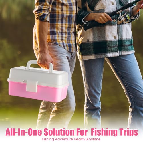 RoundFunny 3 Layers Fishing Tackle Box 414 Pcs Fishing Gift Lures Gear Kit with Tackle Included Pliers Lip Gripper Bait Hook Accessories for Beginner Fisherman Women Men, Fit Bass Trout - color: Pink