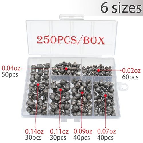 250/180Pcs Split Shot Fishing Weights Sinkers, Round Open Mouth Design Fishing Weight Clip on Sinker Weight Freshwater Saltwater Fishing Accessories Gift for Fishing Lovers - color: 250pcs - 0.02oz/0.04oz/0.07oz/0.09oz/0.11oz/0.14oz