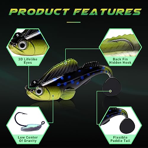 GOTOUR Pre-Rigged Soft Fishing Lures with Weedless Hook, Lifelike Paddle Tail Swimbaits for Bass Fishing, Freshwater & Saltwater Fishing Bait, Fishing Tackle for Bass, Pike, Trout, and Walleye - color: A2-3.5"-0.8oz