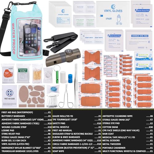 154 Pieces Waterproof Boat First Aid Kit Dry Bag with Out Bags Pouch Roll Top Boat Emergency Kit 2-in-1 for Camping Fishing Kayaking Swimming Rafting - color: Mintgreen