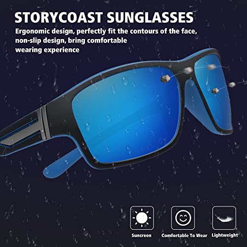 STORYCOAST Polarized Sports Sunglasses for Men Women Unbreakable Frame Cycling Fishing Driving - color: Black Frame-blue Mirror Lens