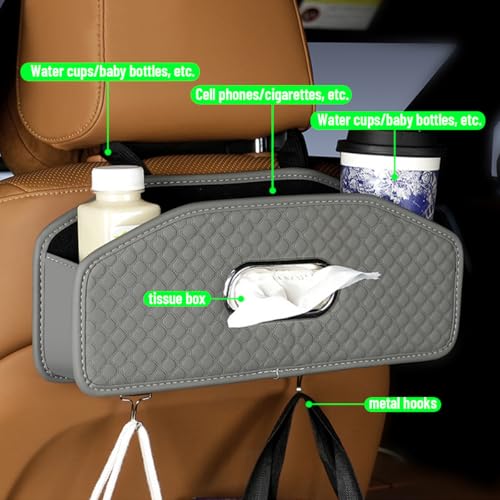 Car Seat Back Organizer, 4-in-1 Backseat Headrest Storage Box with 2 Cup Holder Hooks Tissue Box, Multifunctional Seat Back Storage Organizer for Hold Phones Drinks Bags, Universal Fit (Gray) - color: Gray