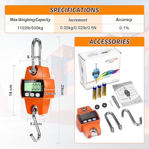 Digital Hanging Scale, 1100lb/500kg Handheld Crane Scale, Small Crane Scale with LCD Display and Hooks, Aluminum Alloy Body for Hunting, Outdoor, Luggage, Farm (Orange) - color: Orange-1100lb