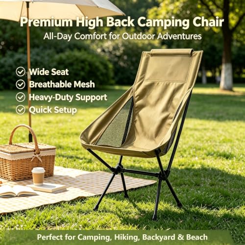 Wind Tour Portable Camping Chair Lightweight Foldable Outdoor Chair for Hiking Camp Backpacking Lawn Beach Fishing Picnic with Carry Bag (High-Back | Khaki) - color: High-back | Khaki