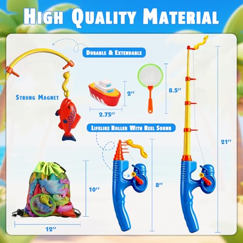 CozyBomB™ Magnetic Fishing Toys Game Set for Kids | Water Table Bathtub Kiddie Pool Party Pole Rod Net, Outdoor Plastic Floating Fish, Toddler Bath Color Ocean Sea Animals Birthday Gift Age 3-5 6 4-8 - size: 34 Fishes