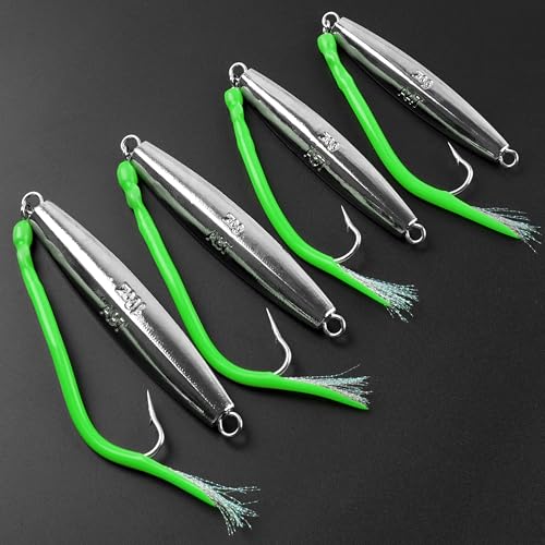 Diamond Jig Saltwater Fishing Lures Casting Jigging Spoon with Tube Tail Stainless Steel Hooks Trolling Lures Striped Bass Metal Jig for Deep Sea Surf Fishing Bottom Dragging Sinking - color: Green, size: 5 oz