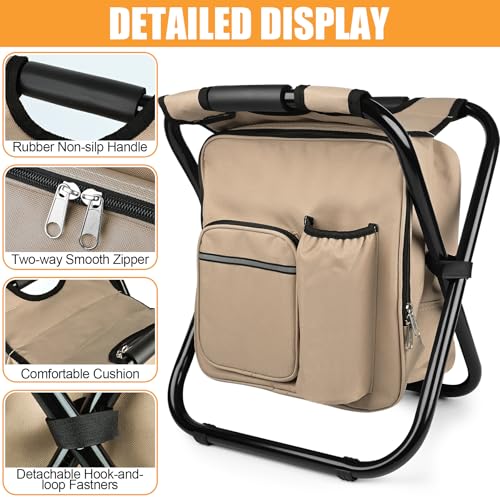 Kikerike Backpack Stool Cooler Chair Heavy Duty 300 LBS Max Load Portable Lightweight Stool Backpack Folding Fishing Cooler Seat for Camping Hunting Fishing - Sand - color: Sand