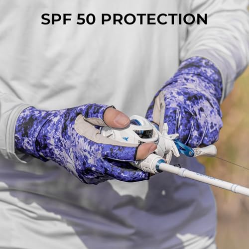 KastKing La Sal Fishing Gloves UPF50+ Sun Gloves UV Protection Fingerless Gloves Men Women for Outdoor, Kayaking, Rowing, Paddling, Canoeing, Hunting - color: E: Boulder Camo Royale, size: Small-Medium