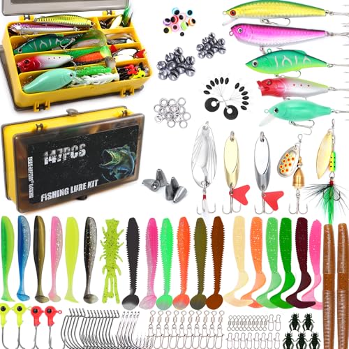 EXAURAFELIS Fishing Lures,Tackle Box with Tackle Included, Crankbaits, Spoon, Shrimp Worm Bait, Hooks,Weights & Other Accessories, Fishing Lures kit Lure Set for Bass Trout Salmon - color: Black-147pcs