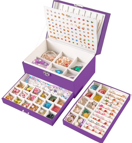 QBestry Earrings Jewelry Box for Girls, 5 Layers Jewelry Organizer with Earring Holder Organizer for Girls Earring Organizer Jewelry Boxes for Women Earrings and Necklaces Jewelry Box Organizer Purple - color: Deep Purple, size: Large