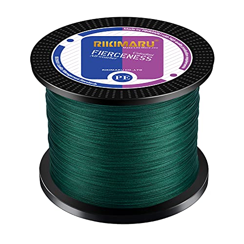 RIKIMARU Braided Fishing Line Abrasion Resistant Superline Zero Stretch&Low Memory Extra Thin Diameter 327-1094 Yds, 4-180LB - color: Moss Green, size: 327 Yds/0.40mm(8 Strands)/65LB