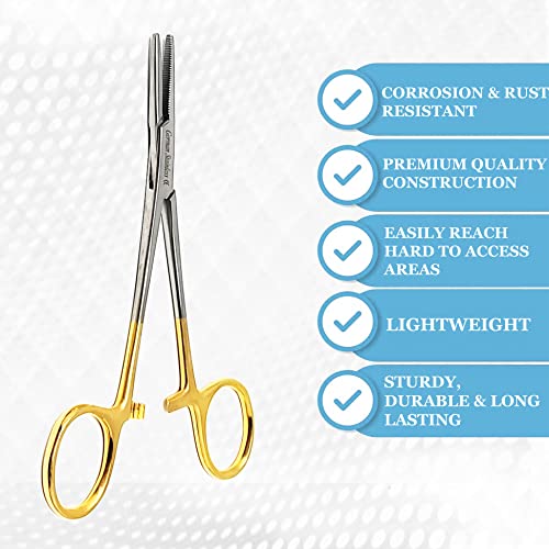 Mosquito Hemostat Locking Forceps 5" Straight with Full Serrated Jaws Ideal for Clamping, Fishing, Firefighters Nurses Doctors + More (Gold Handle) - color: Gold Handle