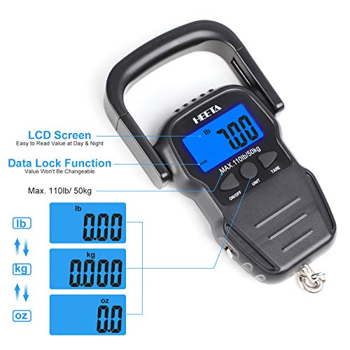 HEETA Fish Scale with Backlit LCD Display, Up to 110lb/50kg Digital Portable Hanging Fish Weight Scale with Hook & Measuring Tape for Home, Farm, Outdoor, Hunting, Fishing, 2 AAA Batteries Included - color: Black