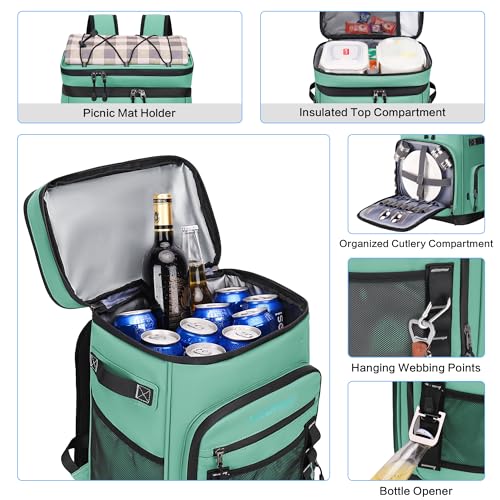 Hulongo Large Waterproof Insulated Cooler Backpack for Men & Women, Leak Proof Cooler Backpack for Camping, Beach, Fishing, Picnic, Travel, Outdoor, 30L, 48Cans - color: Light Green
