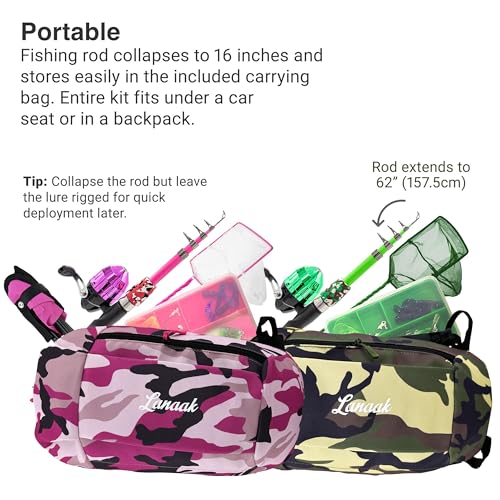 Lanaak Kids Fishing Pole, Kids Portable Telescopic Fishing Rod Set, Tackle Box and Fishing Net Combo Kit, Kids Fishing Gear for Boys and Girls Age 5-10 and Youth - color: 2 Pack (Camo Pink and Camo Green), size: 1.2m or 3.9FT
