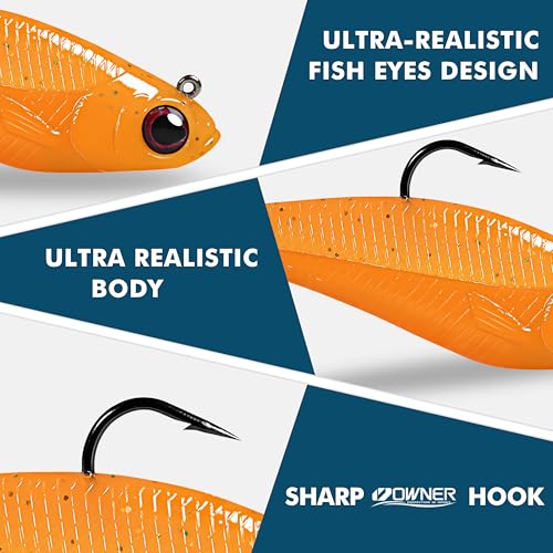 Pre-Rigged Soft Fishing Lures with Weedless Hook, Lifelike Paddle Tail Swimbaits for Bass Fishing, Freshwater & Saltwater Curly Type Tail Soft Plastic Baits for Bass, Pike, Trout, and Walleye. - color: A2-3.5"-0.75oz