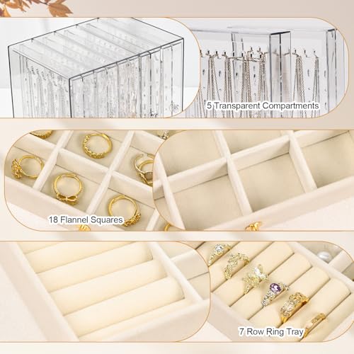 Greenfeather Jewelry Organizers and Storage, Clear Acrylic Jewelry Box with 40 Necklace Hooks 120 Pairs of Earring Holes 2 Velvet-Lined Drawers for Rings Necklaces Earrings - color: Off-White-Style A