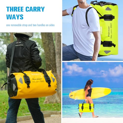WILD HEART Waterproof Motorcycle Duffel Bag PVC500D Double-bottom With Rope Straps and Inner Pocket 40L 66L 100L for Kayaking, Camping, Boating,Motorcycle - color: 66L Fluorescent green, size: 66L