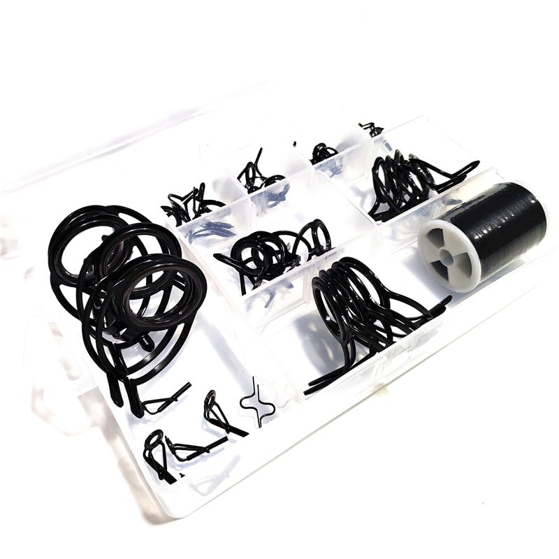 Kalavarma Fishing Rod Repair Kit 47 Pcs for Spinning and Casting Rod Guides,Set Mixed Size Double Leg Stainless Steel,Fishing Rod Repair Kit Guide Tip Top Repare Black Color