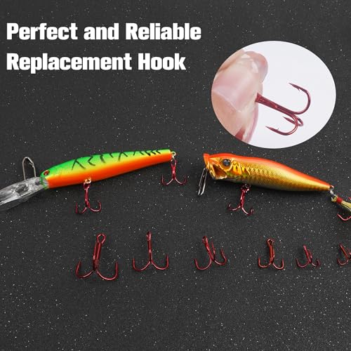 50 Pack Fishing Treble Hooks Kit High Carbon Steel Fish Hook Strong Sharp Round Bend Split Rings for Lures Baits Saltwater Freshwater Fishing Size 1/0 2 4 6 8 10 - color: Red, size: 10# - 50pcs