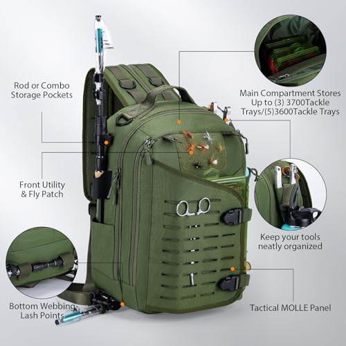 Goture Green Tackle Bag with 3600 Trays, Rod Holder 900D Fishing Tackle Storage Bag for Kayak, Shore Fishing - color: Green, style: 900d Water-resistant Oxford Backpack + (3)3600 Trays