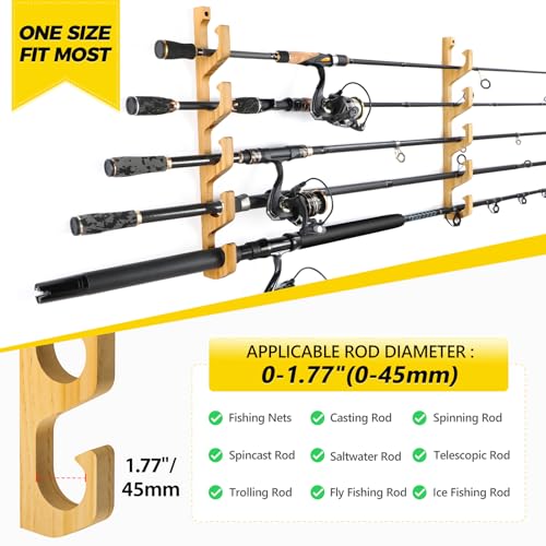 PLUSINNO H5W Horizontal Fishing Rod/Pole Holders for Garage, Wall or Ceiling Mounted Rack, Solid Wood Fishing Rod Holder Holds up to 5/10/20 Rods or Combos Fishing Gear, Gifts for Men - color: 1pack(store 5 fishing rods or combos)