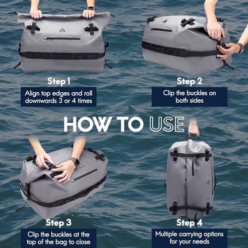 Haimont IPX7 Waterproof Roll-Top Dry Duffel Backpack | 60L/90L Sizes, 500D Tarpaulin, Welded Seams, Mesh Pockets, Boating & Kayaking - color: Light Gray, size: 60L