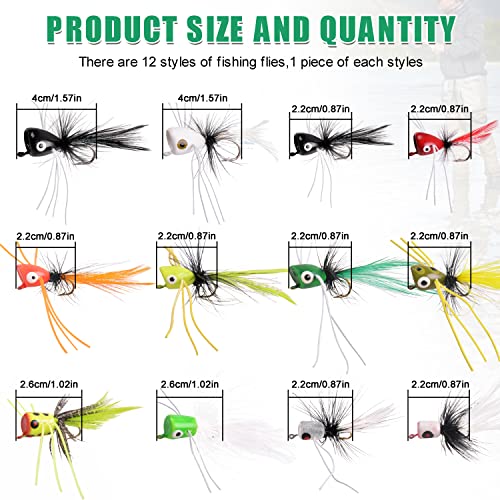 Fly Fishing Popper Lures Kit,Bass Poppers Flies Dry Fly Fishing Flies Panfish Bluegill Popper Bait Bug with Hooks for Freshwater - color: 12pcs Popper Lures Kit