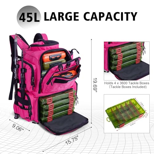 Goture Fishing Backpack with 4 Tackle Boxes,900D Water-Resistant Tackle Backpack with Rod Holders,45L Large Fishing Bag Storage Gear Tackle Bag with Rain Cover,Bottle Holder for Travel Camping Hiking - color: A2:pink With 4 Tackle Boxes