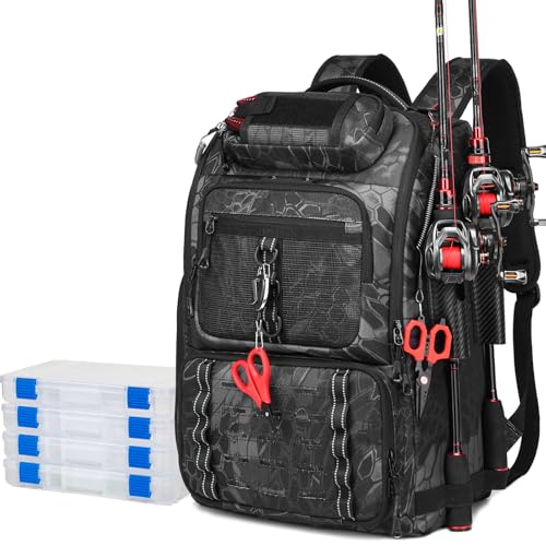 Fishing Tackle Backpack,Tackle Bag with 2 Rod Holders & 4 Tackle Boxes, Water-Resistant Large Storage Fishing Gear and Equipment, Fisher Gifts for Men, Black Camo - color: B-Black Camo with 4 Tackle Boxes
