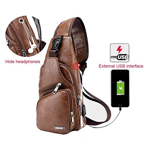 Hebetag Leather Sling Bag Crossbody Backpack for Men Women Travel Outdoor Camping - color: #21brown(pu/Usb)
