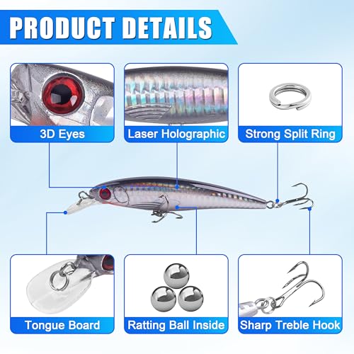 Saltwater Fishing Lures Kit, Jerkbait Striped Bass Lures Surf Fishing Striper Lures Deep Diving Jerkbait Popper Plugs Hard Minnow Lures Baits for Inshore Offshore Ocean Deep Sea Fishing