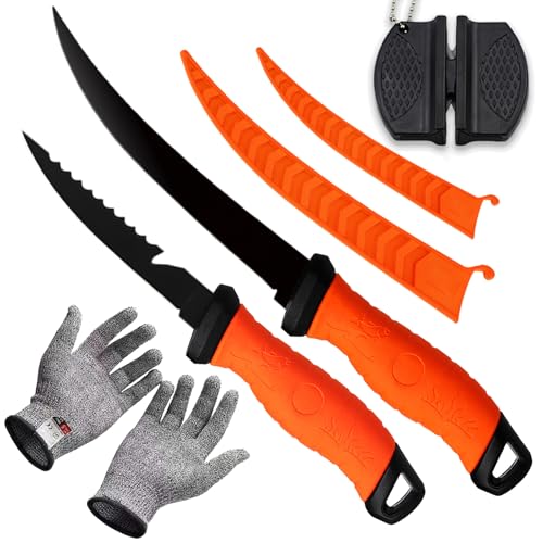 2PCS fillet knife Set, 5 & 7 inch Stainless Steel filet knife for fish, Fishing Gear, Fishing Tool Set, Fishing Accessories Gifts, Non-Slip Handles, with Sharpener and Cutting Resistant Gloves, Orange - color: 2PCS-Orange
