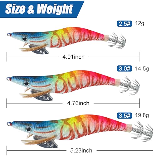 Glow Squid Jig Saltwater Squid Lures, 5/10pcs Luminous Squid Jig Hooks Shrimp Prawn Lures Fluorescent Cuttlefish Sleeve Octopus Jigs Artificial Baits Night Fishing Tackle Size 2.5# 3# 3.5# - size: 3.5#-10pcs