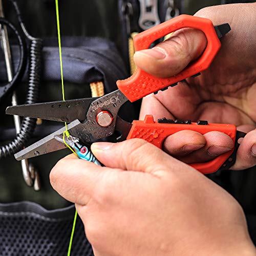 SAMSFX 6.5" Pro Fishing Shears Dual Serrated Blades, Fishing Braided Line Scissors with Titanium Coating, Non-Slip Grip & Multifunction Tool, Includes Hard Molded Locking Sheath & Coiled Lanyard - color: A: Orange Kraton Handle, Hard Sheath