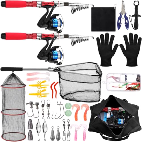 51 Pcs Fishing Rods Combo 6.89ft Telescopic Freshwater Pole Set with Plier Lip Gripper Lures Carrier Bag Pre Loaded Spinning Reel with Freshwater Rod Reel Kit Father Men Gift - color: Red