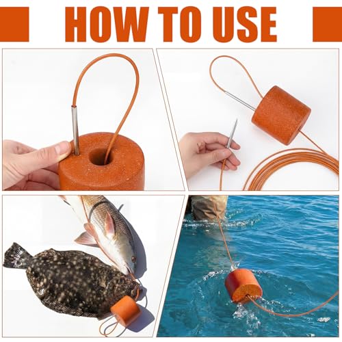 2 Pcs Fishing Stringer Heavy Duty with Float, Fish Stringer System, 15 ft 550lbs Fishing Holder with Metal Needle, Durable Rubber for Caught Fish Freshwater Saltwater Angling - color: Orange