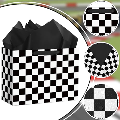 Hooqict Large Checkered Gift Bag Black and White Race Car Gift Wrap Bag with Handles, Tissue Paper, Greeting Cards for Kids Boys Snack Goodie Treat Candy Party Favors - color: Checkered