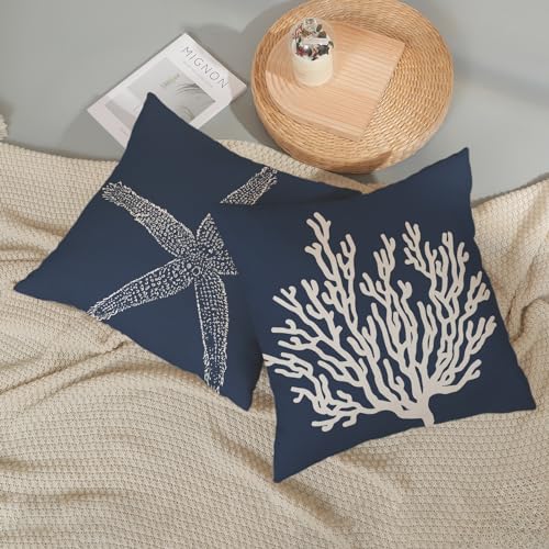 Navy Blue Coastal Pillow Covers 16x16 Inch 2 Pcs Starfish Coral Summer Outdoor Decor Throw Pillows Nautical Beach Ocean Holiday Decoration Pillowcase Linen Cushion Cover for Couch Sofa - color: Navy Blue Starfish Coral, size: 16" x 16" (Pack of 2)