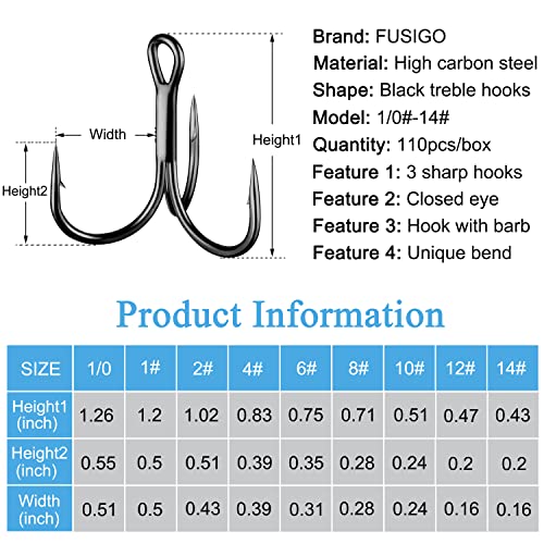 Treble Fishing Hooks, 110pcs Super Sharp Triple Fish Hook Classic Round Bend High Carbon Steel Treble Hooks Barbed for Catfish Bass Trout Freshwater Saltwater - color: Black, size: 110pcs 1#