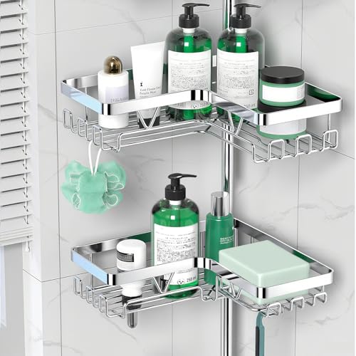 DAOYA Corner Shower Caddy Tension Pole - Chrome Tension Rod Shower Caddy Adjustable Shampoo Holder for Bathroom/Bathtub/RV, Stainless Steel, Floor to Ceiling 25-114.2 inch - color: Chrome