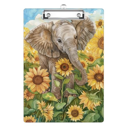 Cute Elephant Sunflower Clipboard, Floral Decorative Clip Board with Metal Clip Cute Plastic Clipboards A4 Standard Size 8.5" x 12.5" for Nurses, Students, Office - color: Elephant