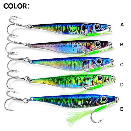Saltwater Fishing Jigs - Jig Fishing Vertical Jig Speed Slow Pitch Jigging Spoon Hard Bass Fishing Lure - Blade Baits Lures with Assist Hook Paillette Artificial Fishing Lures 5pcs/Set