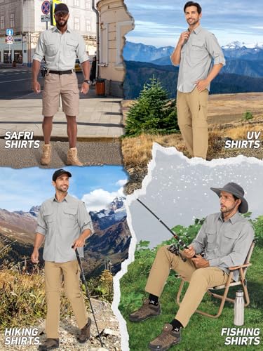 linlon Mens Safari Shirts Long Sleeve UV Protection Hiking Fishing UPF 50+ Quick Dry Cooling Camping Travel Shirts - color: Grey, size: Large
