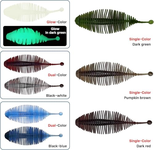 Eupheng 20PCS Soft Plastic Swimbait, Ribbed Plastic Baits with Tickle/Paddle Tail, Fishing Worms Bionic Soft Leech Fishing Minnow Bait for Bass, Pike, Trout, Walleye - color: Dark Green, size: 7cm(2.75inch)