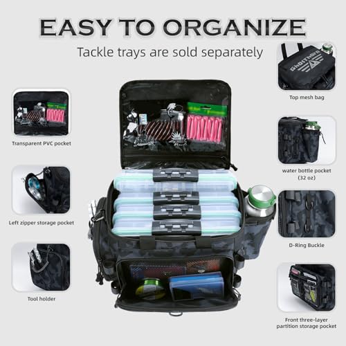 Ghosthorn Fishing Tackle Bag with Rod Holder Saltwater & Freshwater Resistant Tackle Box Bag - Adjustable Padded Shoulder Strap (Black Camouflage) - color: Black MiCai, size: Standard