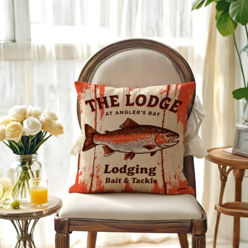 Rustic Fishing Throw Cushion Case 18x18 Inch Vintage The Lodge at Angler's Bay Trout Pillow Cover Cabin Man Cave Couch Sofa, Outdoor Fishing Decor Pillowcase (Orange) - color: Orange